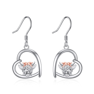 Sterling Silver Two-tone Highland Cow & Heart Drop Earrings-39