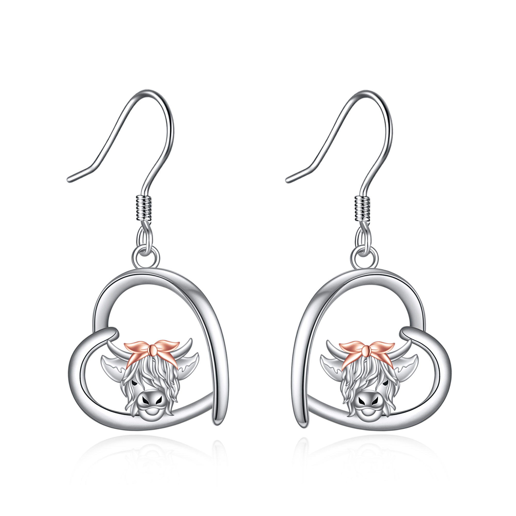 Sterling Silver Two-tone Highland Cow & Heart Drop Earrings