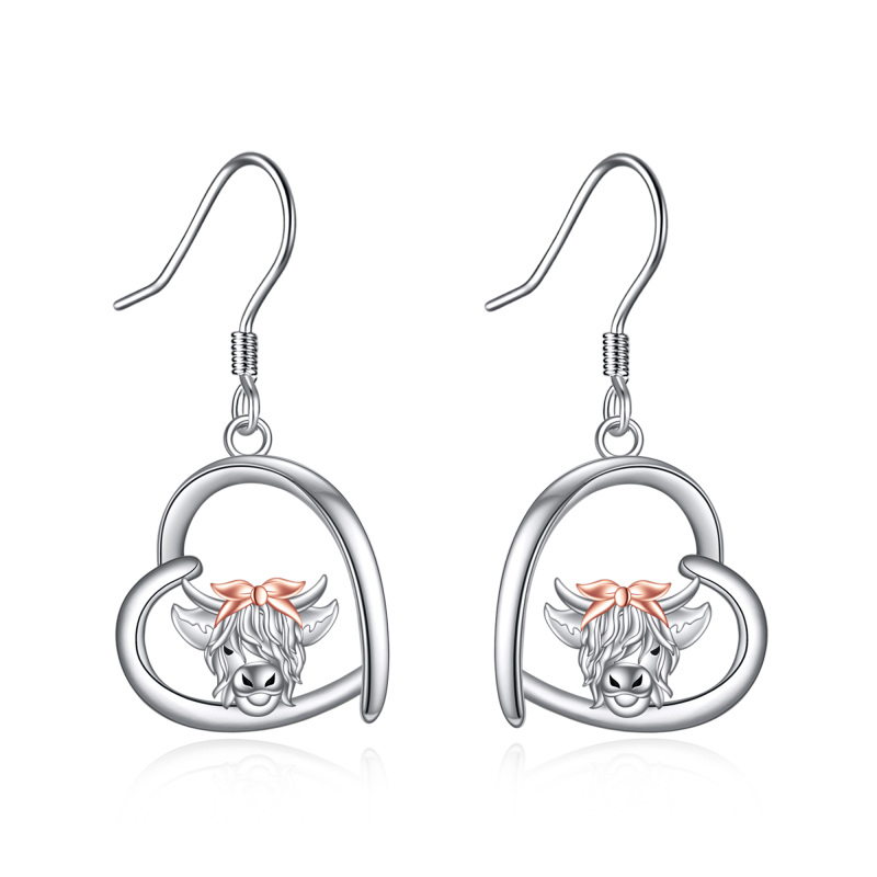 Sterling Silver Two-tone Highland Cow & Heart Drop Earrings