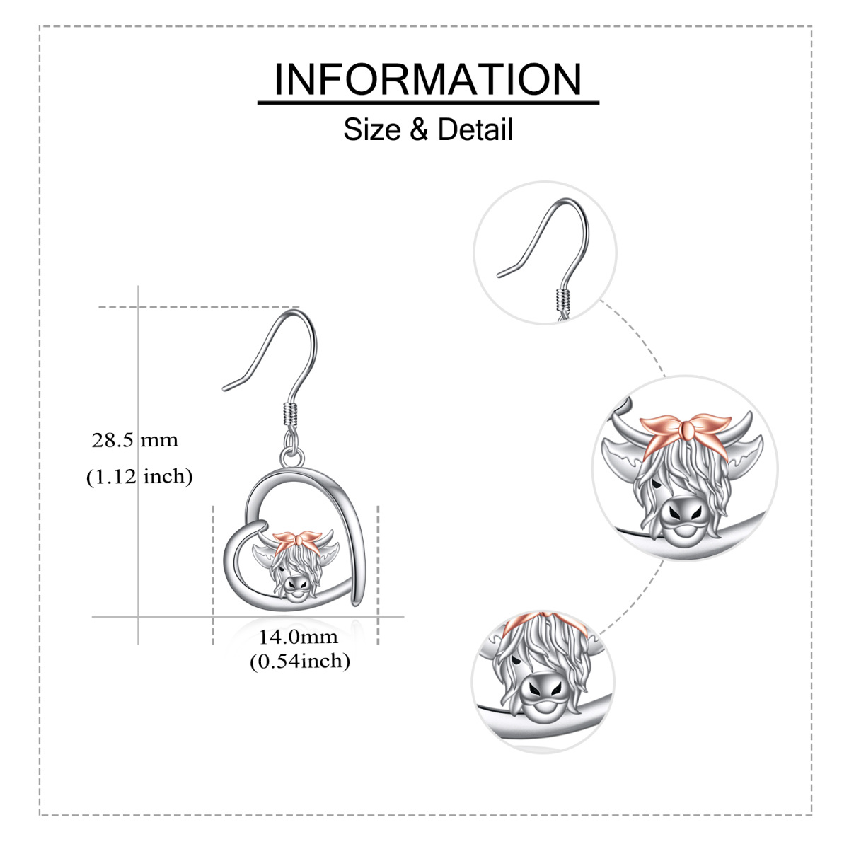 Brincos de prata esterlina em dois tons Highland Cow & Heart Drop Earrings-5