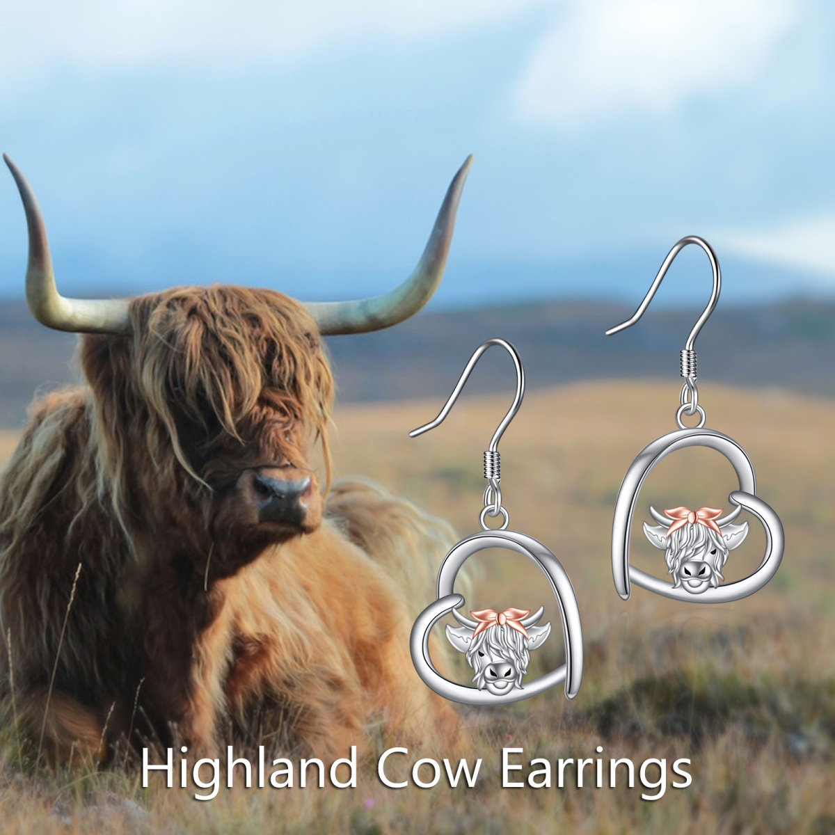 Brincos de prata esterlina em dois tons Highland Cow & Heart Drop Earrings-6