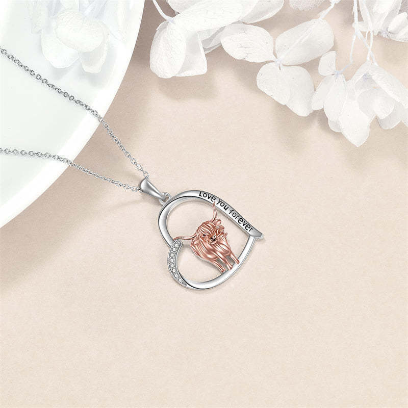 Collar de plata de ley de dos tonos de circonita cúbica Highland vaca y colgante de corazó-3
