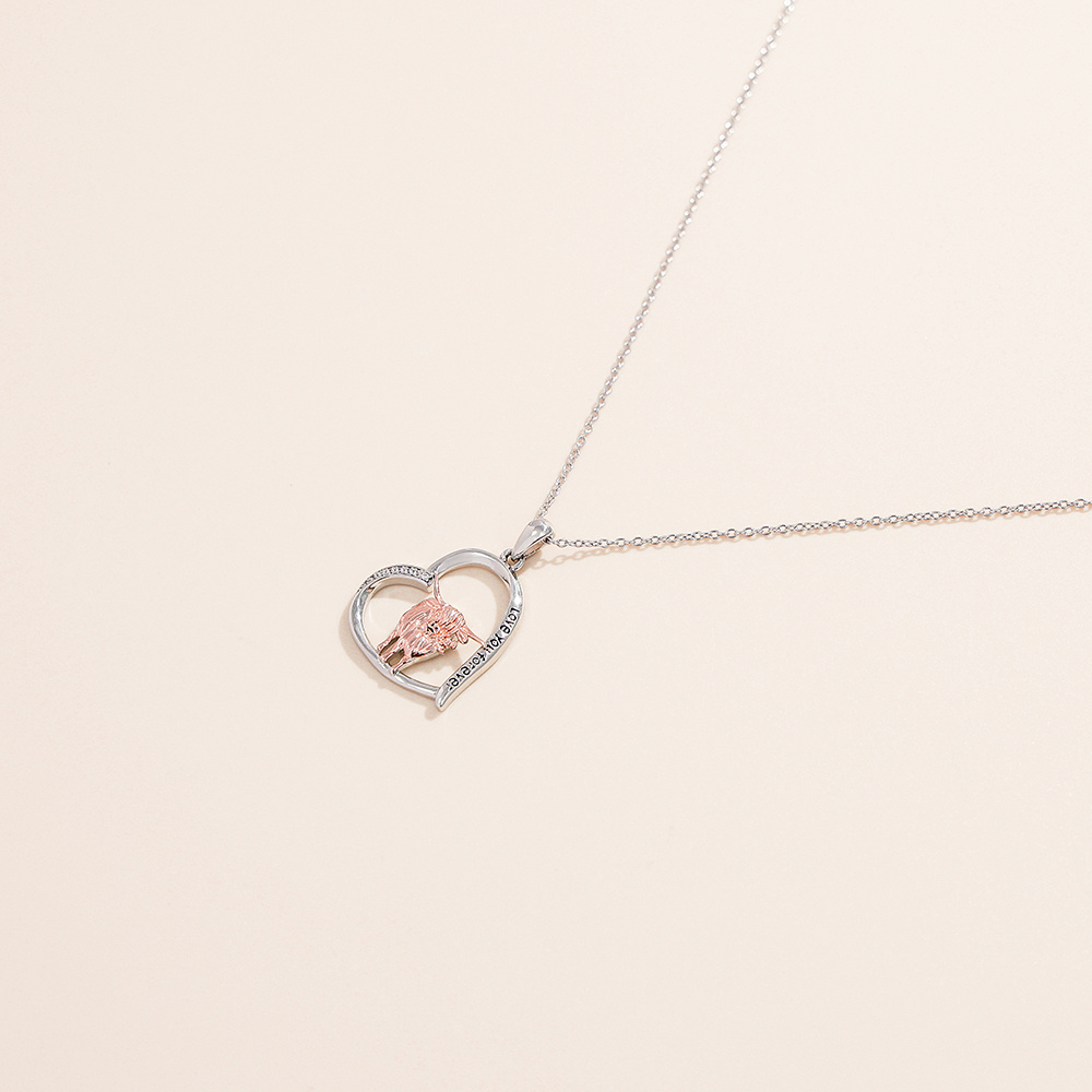 Collar de plata de ley de dos tonos de circonita cúbica Highland vaca y colgante de corazó-4