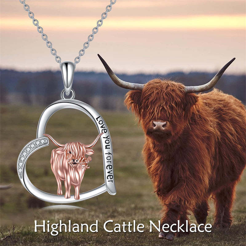 Collar de plata de ley de dos tonos de circonita cúbica Highland vaca y colgante de corazó-6