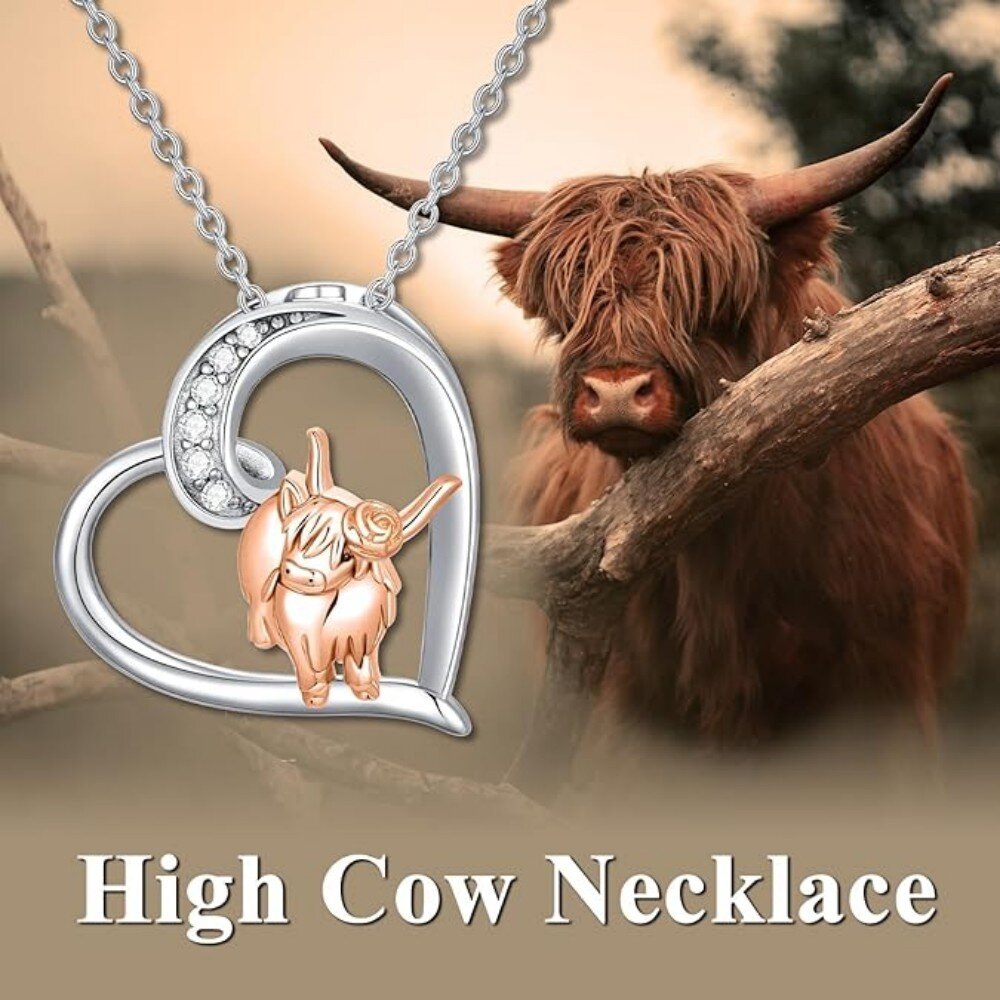 Sterling Silver Two-tone Cubic Zirconia Highland Cow & Heart Pendant Necklace-5