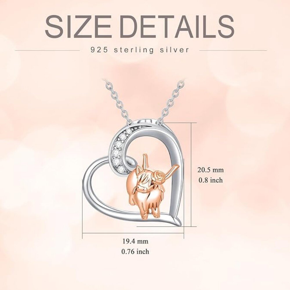 Sterling Silver Two-tone Cubic Zirconia Highland Cow & Heart Pendant Necklace-6