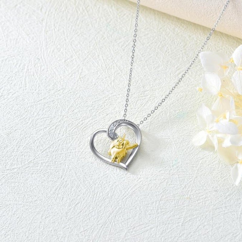 Sterling Silver Two-tone Cubic Zirconia Highland Cow & Heart Pendant Necklace-3
