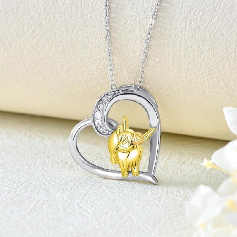 Sterling Silver Two-tone Cubic Zirconia Highland Cow & Heart Pendant Necklace-4