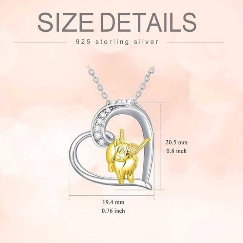 Sterling Silver Two-tone Cubic Zirconia Highland Cow & Heart Pendant Necklace-5