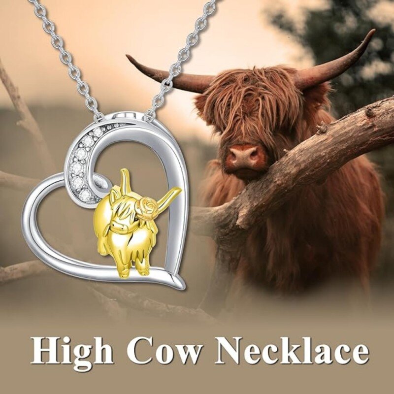 Sterling Silver Two-tone Cubic Zirconia Highland Cow & Heart Pendant Necklace-6