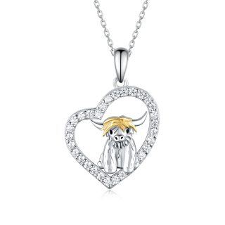 Sterling Silver Two-tone Cubic Zirconia Highland Cow & Heart Pendant Necklace-57