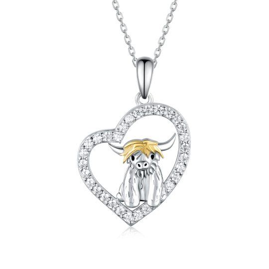 Collier en argent sterling avec pendentif Highland Cow & Heart en zircon cubique bicolore