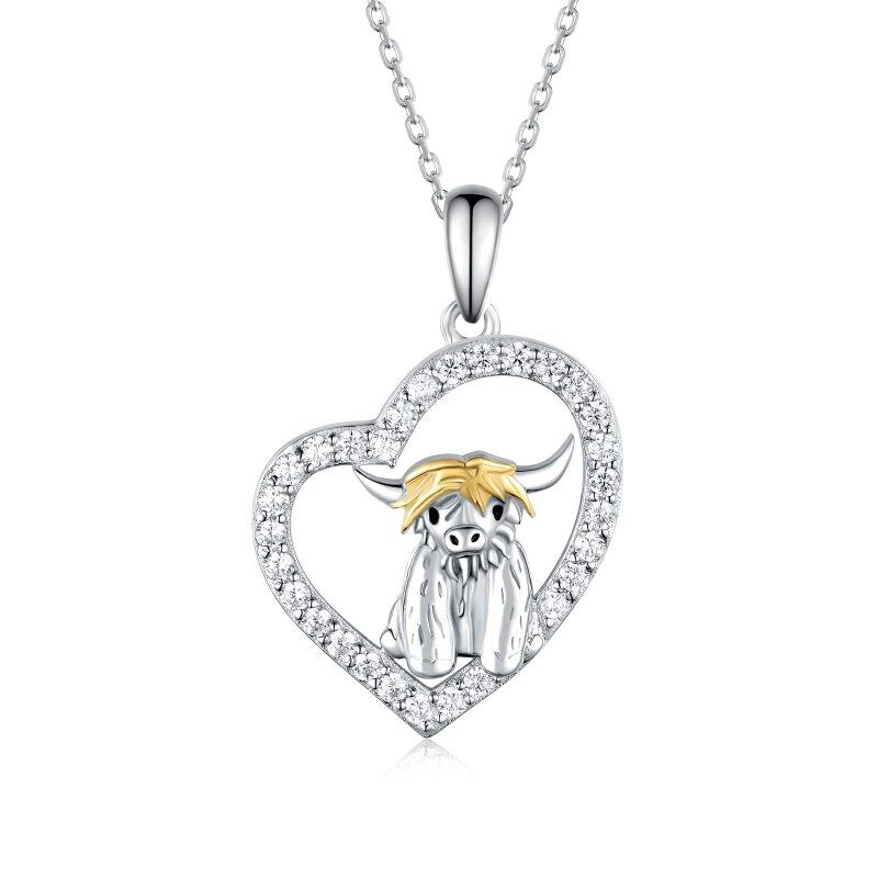 Sterling Silver Two-tone Cubic Zirconia Highland Cow & Heart Pendant Necklace-13