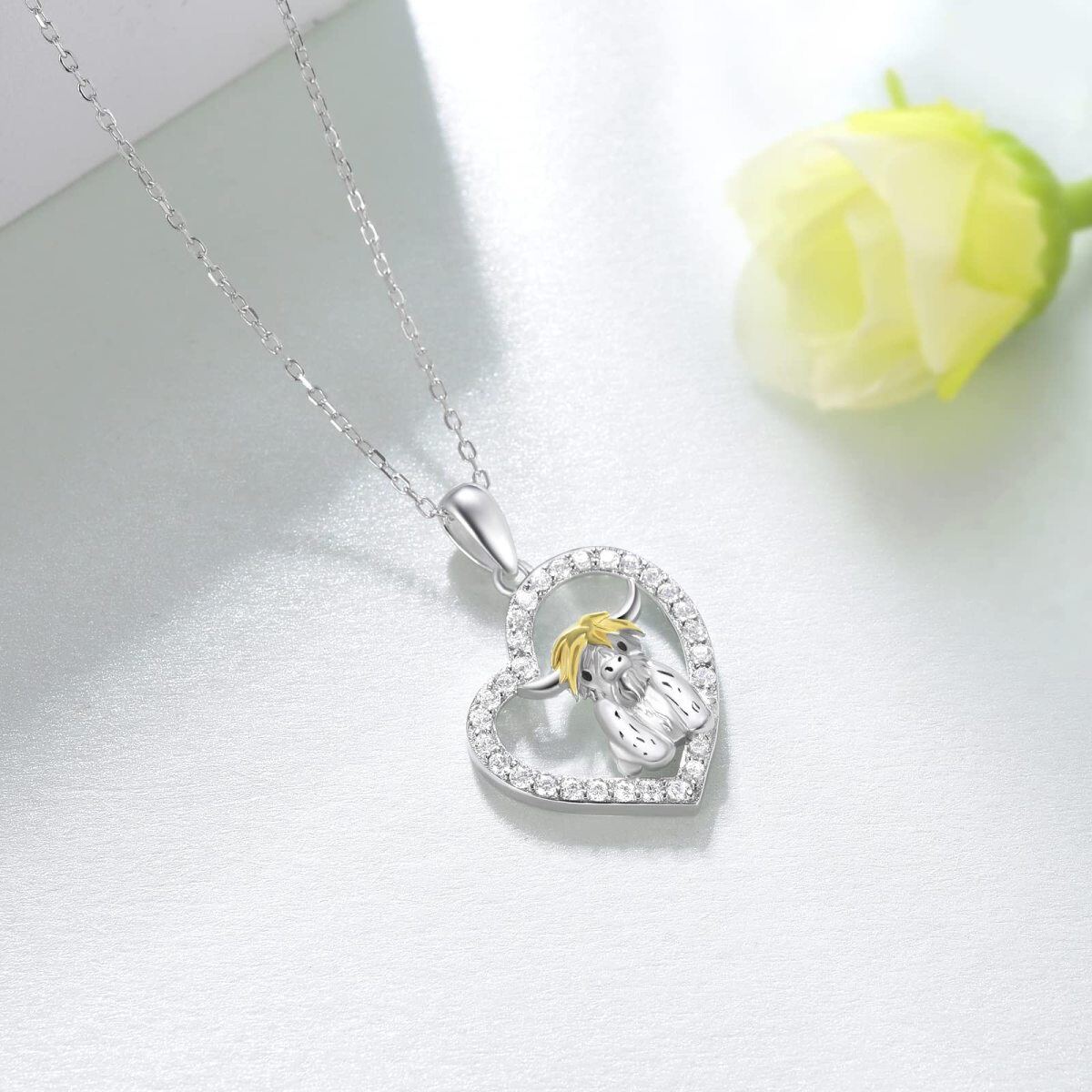 Sterling Silver Two-tone Cubic Zirconia Highland Cow & Heart Pendant Necklace-3