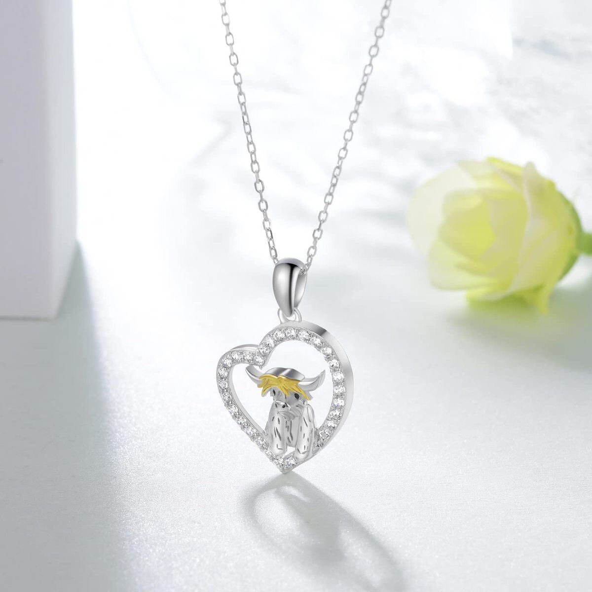 Sterling Silver Two-tone Cubic Zirconia Highland Cow & Heart Pendant Necklace-4