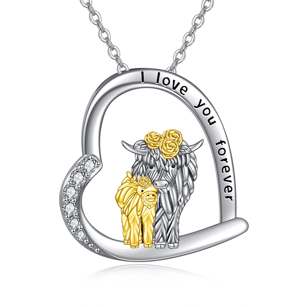 Sterling Silver Two-tone Cubic Zirconia Highland Cow & Heart Pendant Necklace with Engraved Word-1