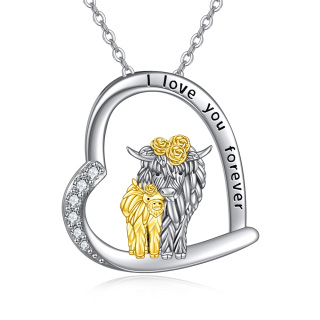 Sterling Silver Two-tone Cubic Zirconia Highland Cow & Heart Pendant Necklace with Engraved Word-19