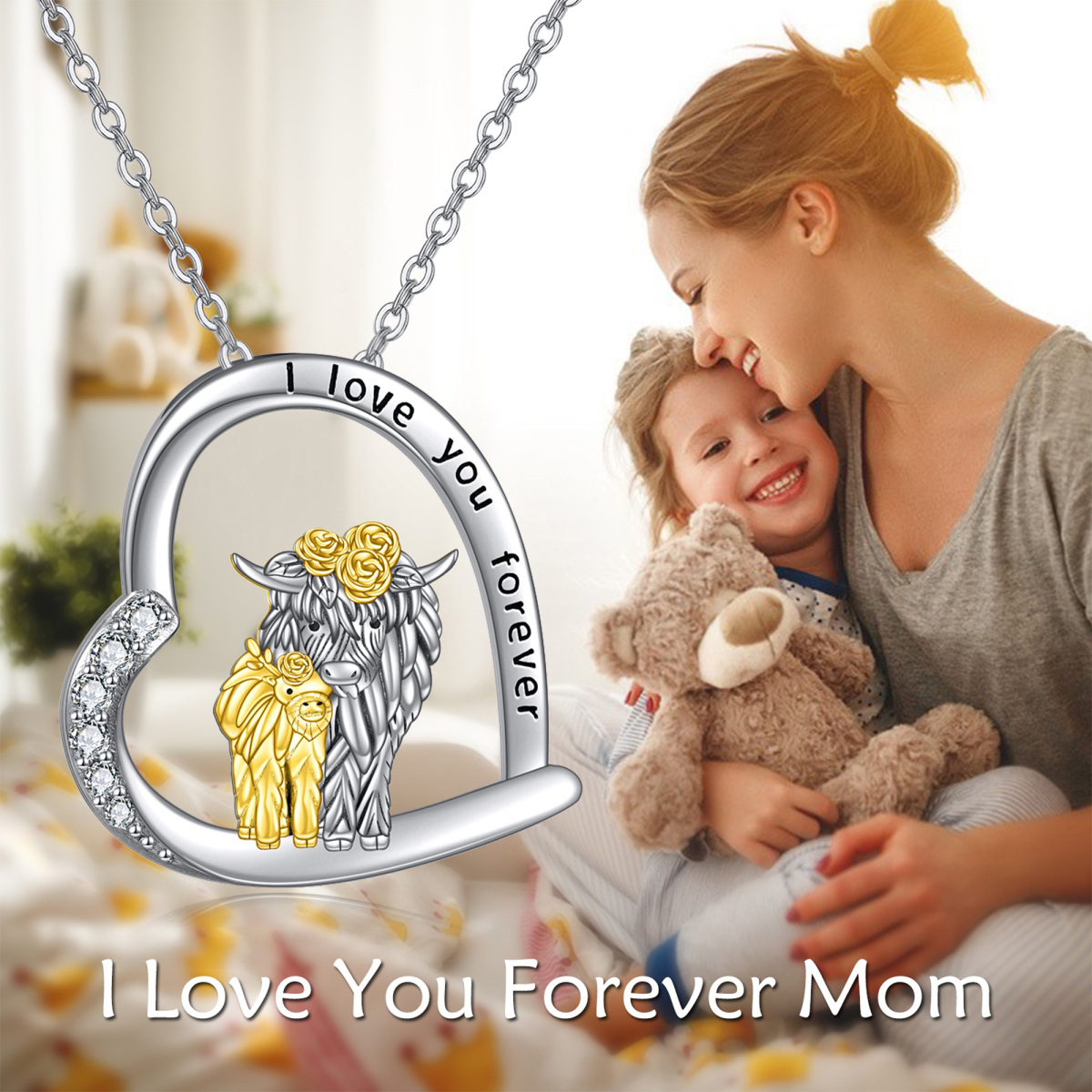 Sterling Silver Two-tone Cubic Zirconia Highland Cow & Heart Pendant Necklace with Engraved Word-3