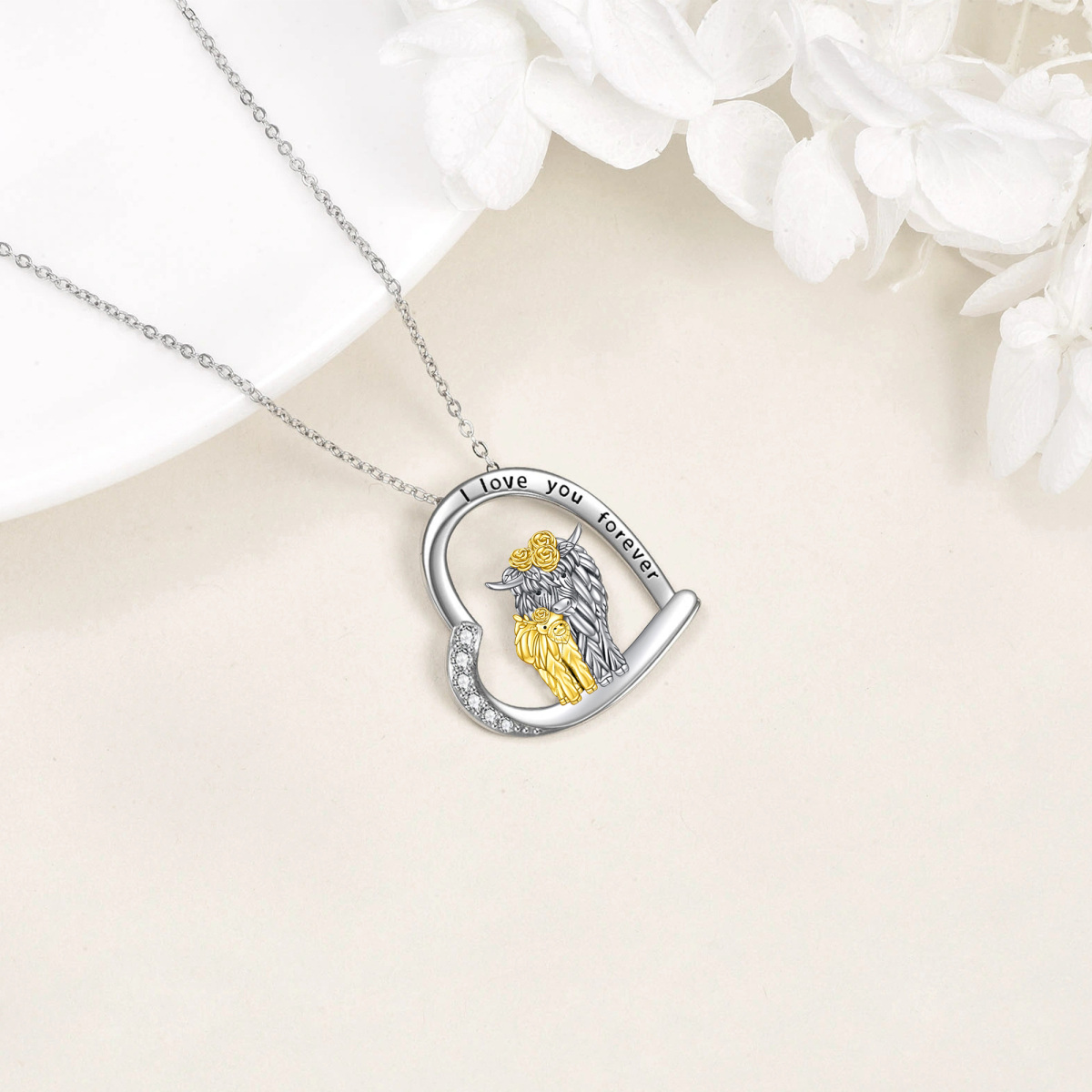 Sterling Silver Two-tone Cubic Zirconia Highland Cow & Heart Pendant Necklace with Engraved Word-5