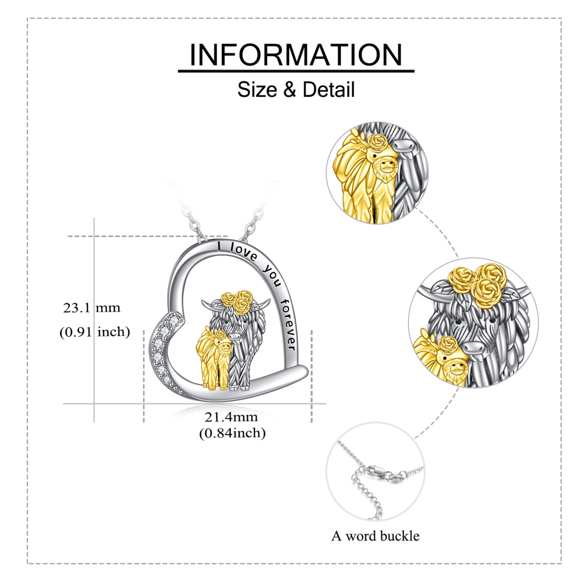 Sterling Silver Two-tone Cubic Zirconia Highland Cow & Heart Pendant Necklace with Engraved Word-6