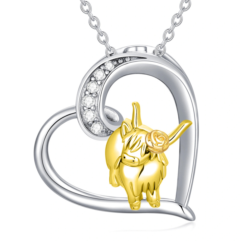 Sterling Silver Two-tone Cubic Zirconia Highland Cow & Heart Pendant Necklace-6