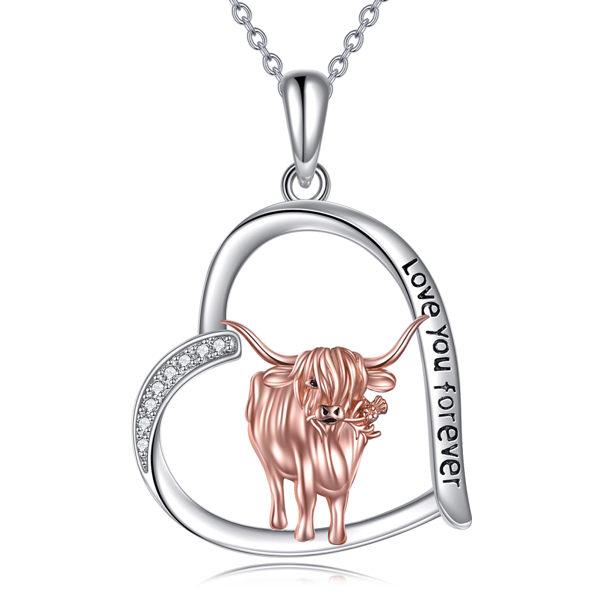 Sterling Silver Two-tone Cubic Zirconia Highland Cow & Heart Pendant Necklace-1