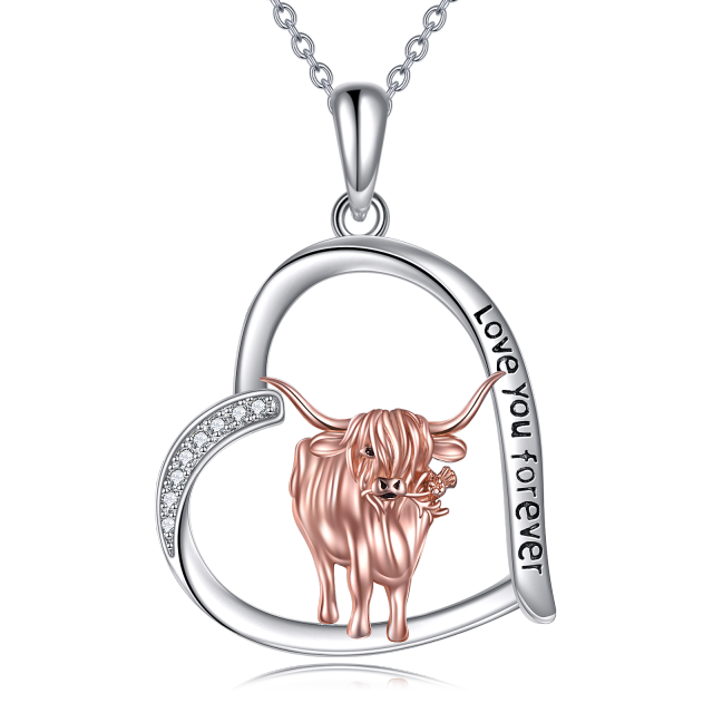 Collana in argento sterling con ciondolo a cuore e mucca Highland con zirconia cubica bicolore-1