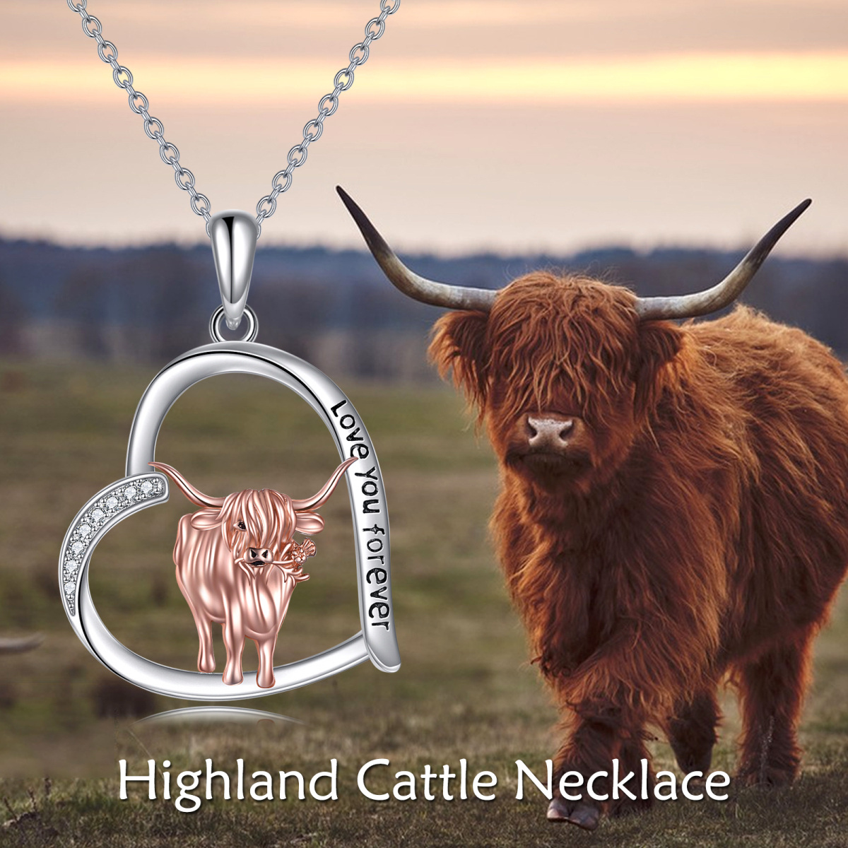 Collar de plata de ley de dos tonos de circonita cúbica Highland vaca y colgante de corazó-3