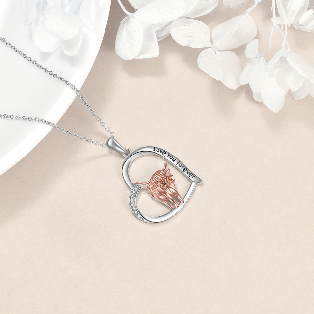 Collier en argent sterling avec pendentif Highland Cow & Heart en zircon cubique bicolore-5