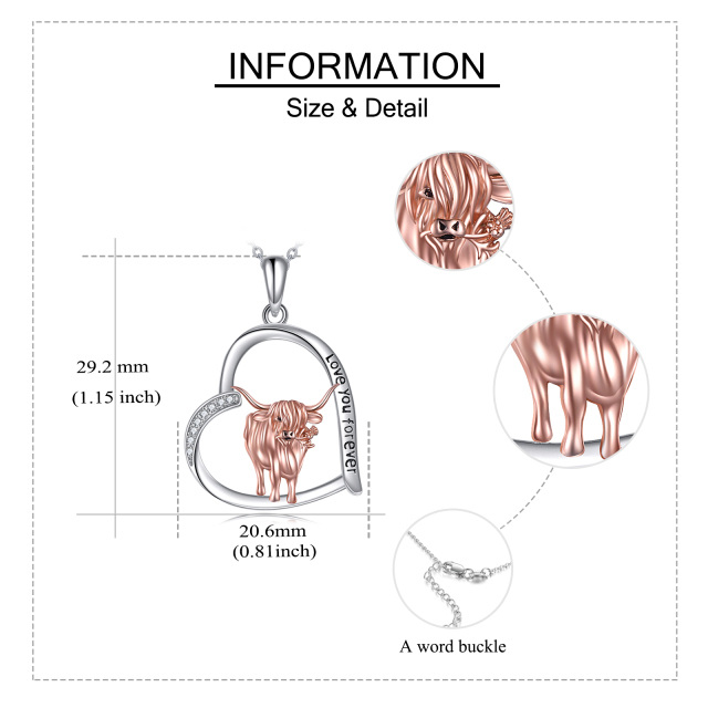 Sterling Silber zweifarbig Cubic Zirkonia Highland Kuh & Herz Anhänger Halskette-6