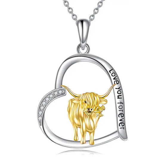 Sterling Silver Two-tone Cubic Zirconia Highland Cow & Heart Pendant Necklace