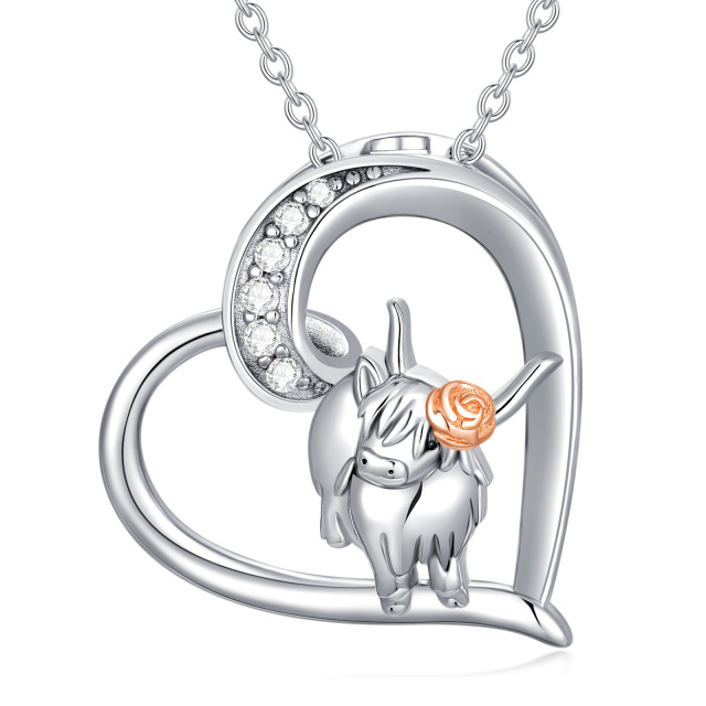 Collier en argent sterling avec pendentif Highland Cow & Heart bicolore