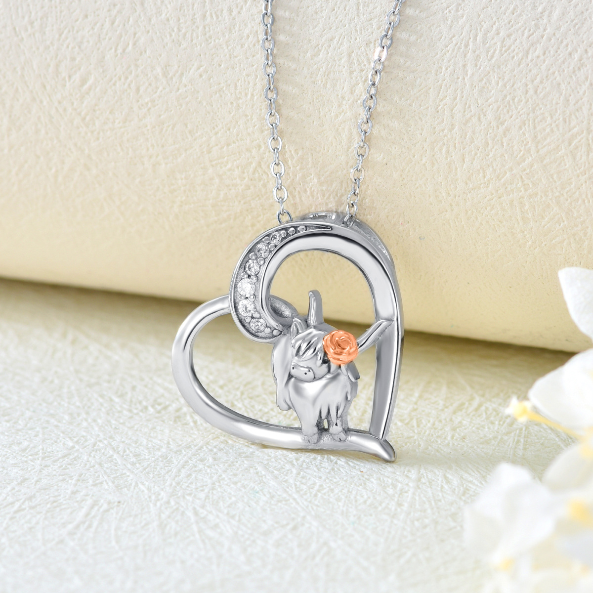 Sterling Silver Two-tone Highland Cow & Heart Pendant Necklace-4