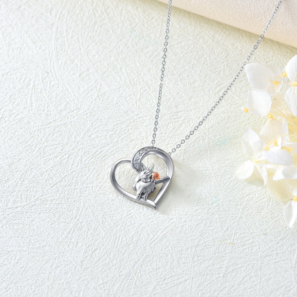 Sterling Silver Two-tone Highland Cow & Heart Pendant Necklace-5