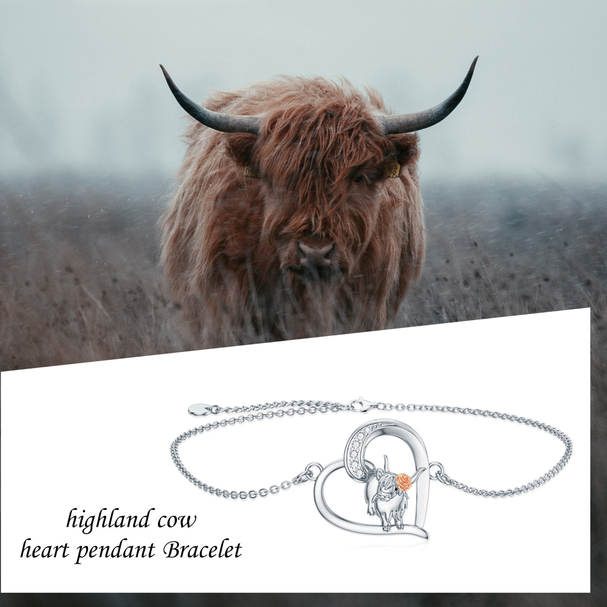 Sterling Silver Two-tone Highland Cow & Heart Single Layer Anklet-3