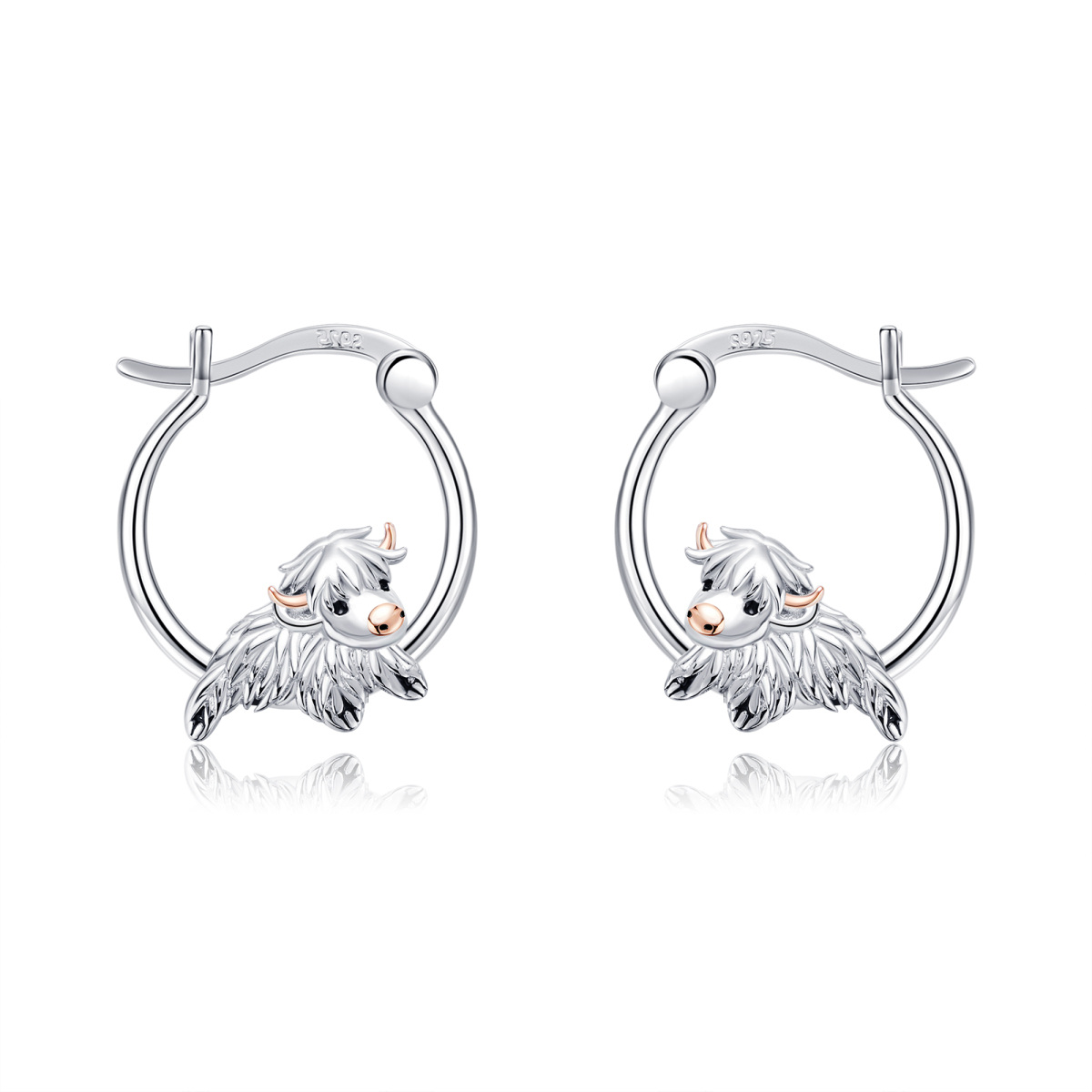 Sterling Silver Two-tone Highland Cow Hoop Earrings-1