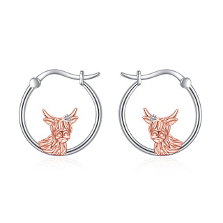 Sterling Silver Two-tone Highland Cow Hoop Earrings-1