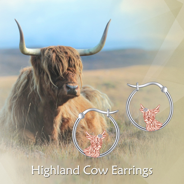 Pendientes de aro de plata de ley bicolor Highland Cow-6