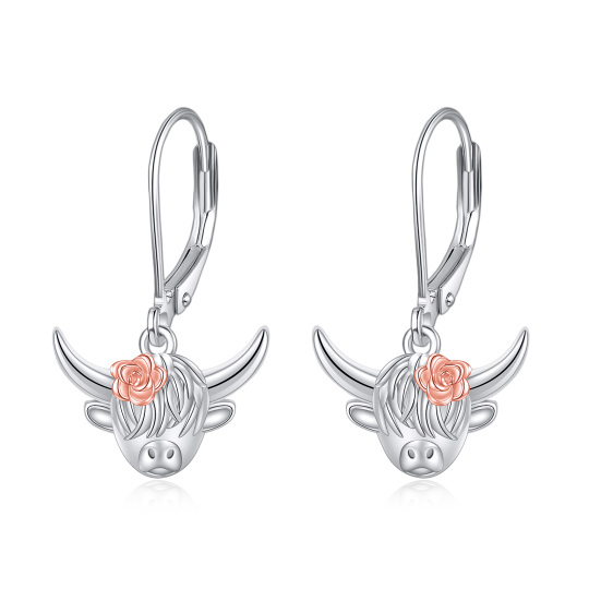 Boucles d'oreilles à levier en argent sterling bicolore Highland Cow