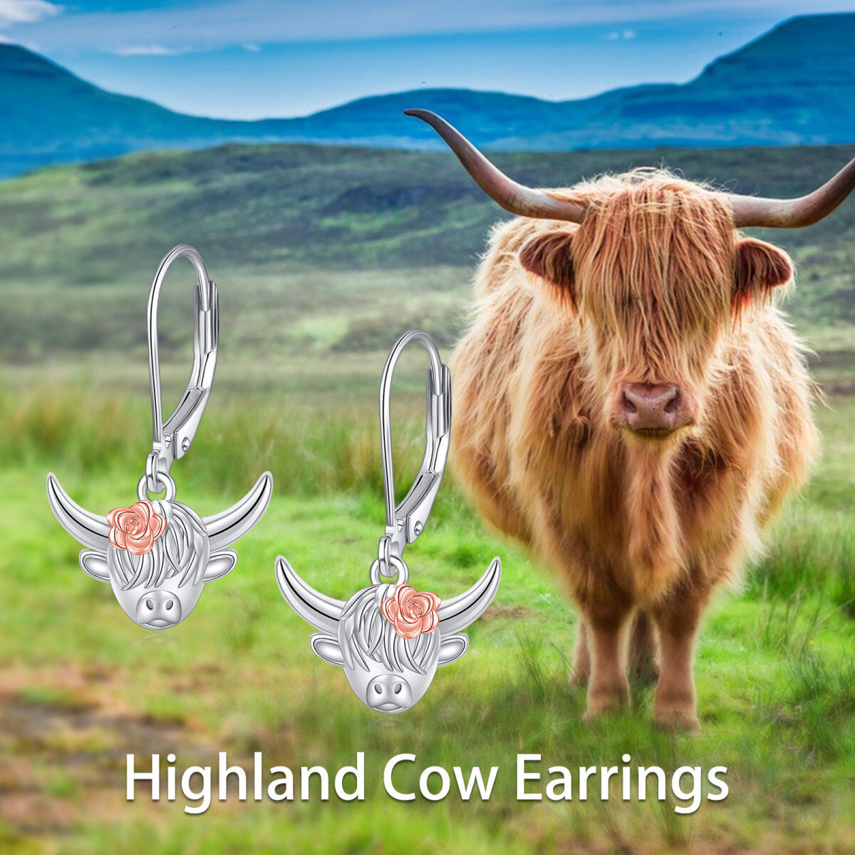 Sterling zilveren tweekleurige Highland koe oorbellen met hendel-5