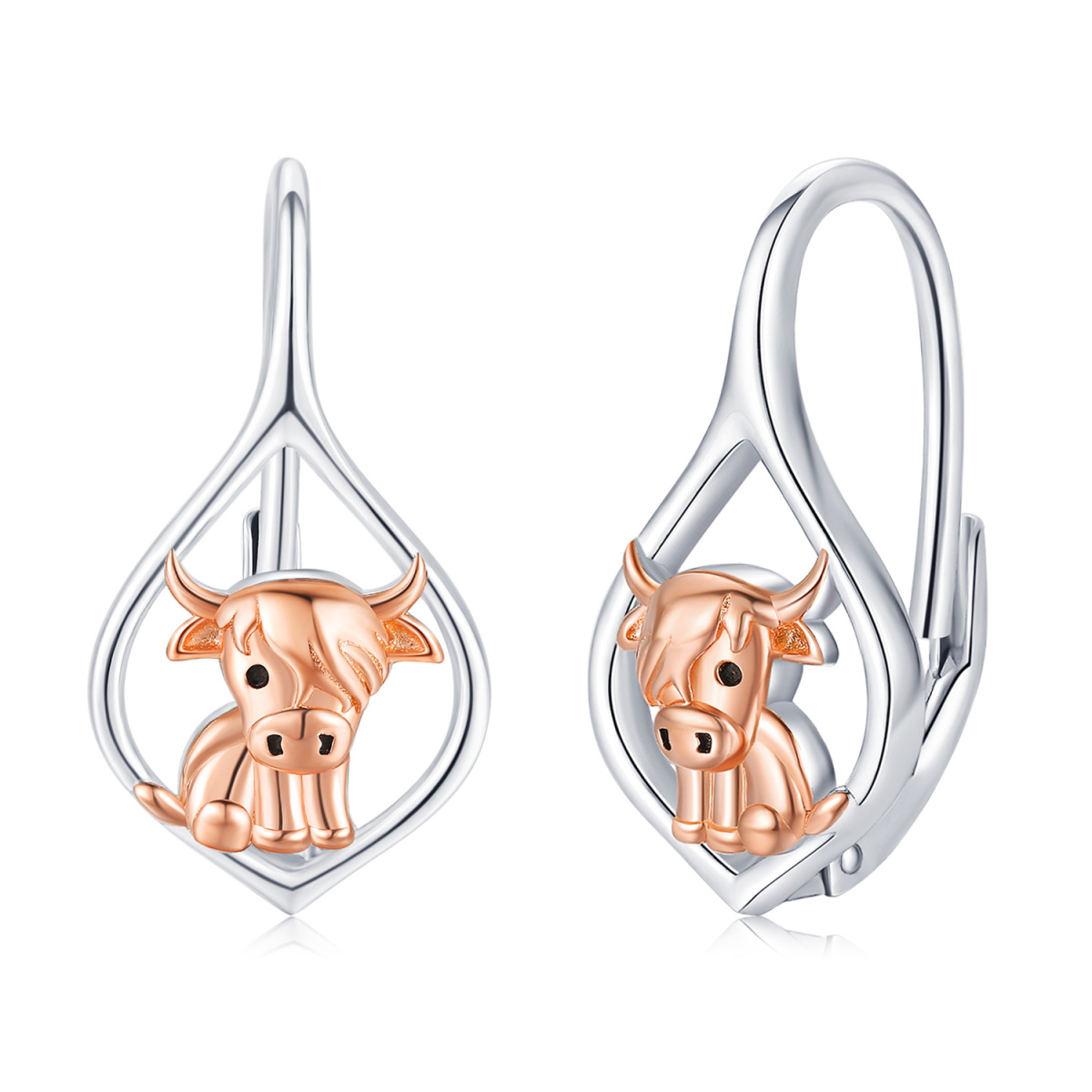 Boucles d'oreilles à levier en argent sterling bicolore Highland Cow-1