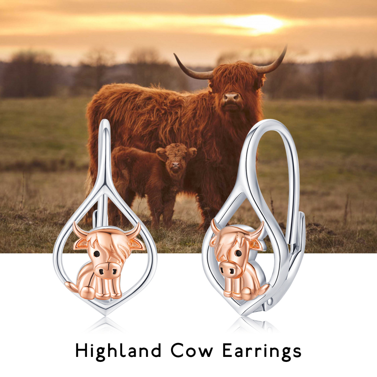 Zweifarbige Ohrringe aus Sterling Silber Highland Cow mit Hebelrückseite-6