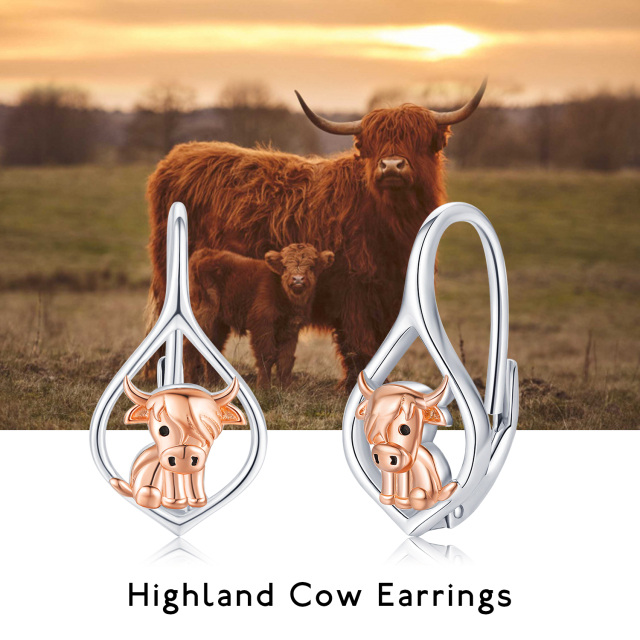 Boucles d'oreilles à levier en argent sterling bicolore Highland Cow-6