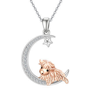 Sterling Silver Two-tone Cubic Zirconia Highland Cow & Moon Pendant Necklace-4