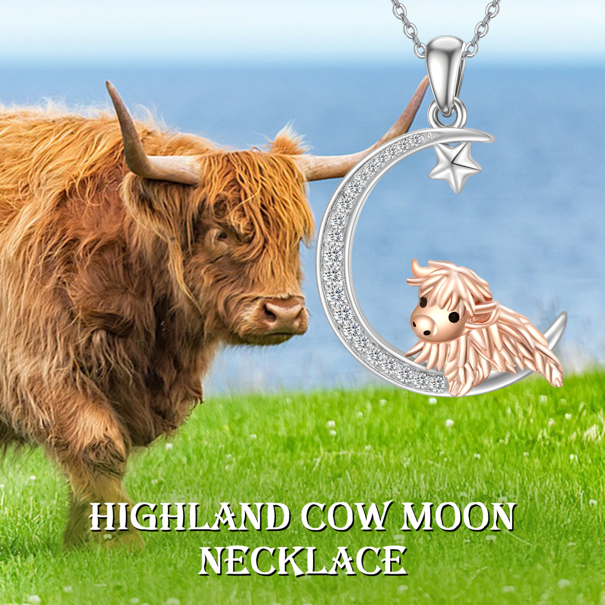 Sterling Silver Two-tone Cubic Zirconia Highland Cow & Moon Pendant Necklace-3