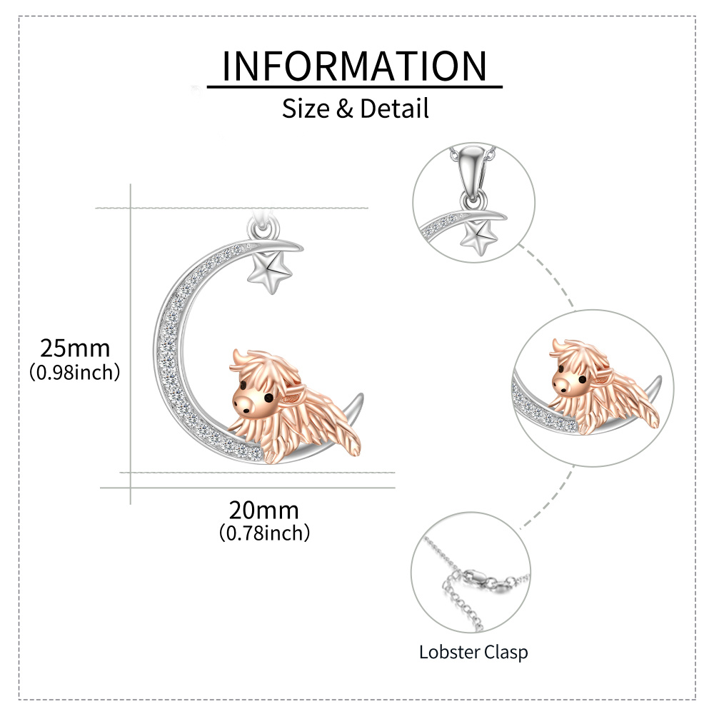Colar de prata esterlina com zircónio cúbico de dois tons com pingente de vaca e lua das T-6