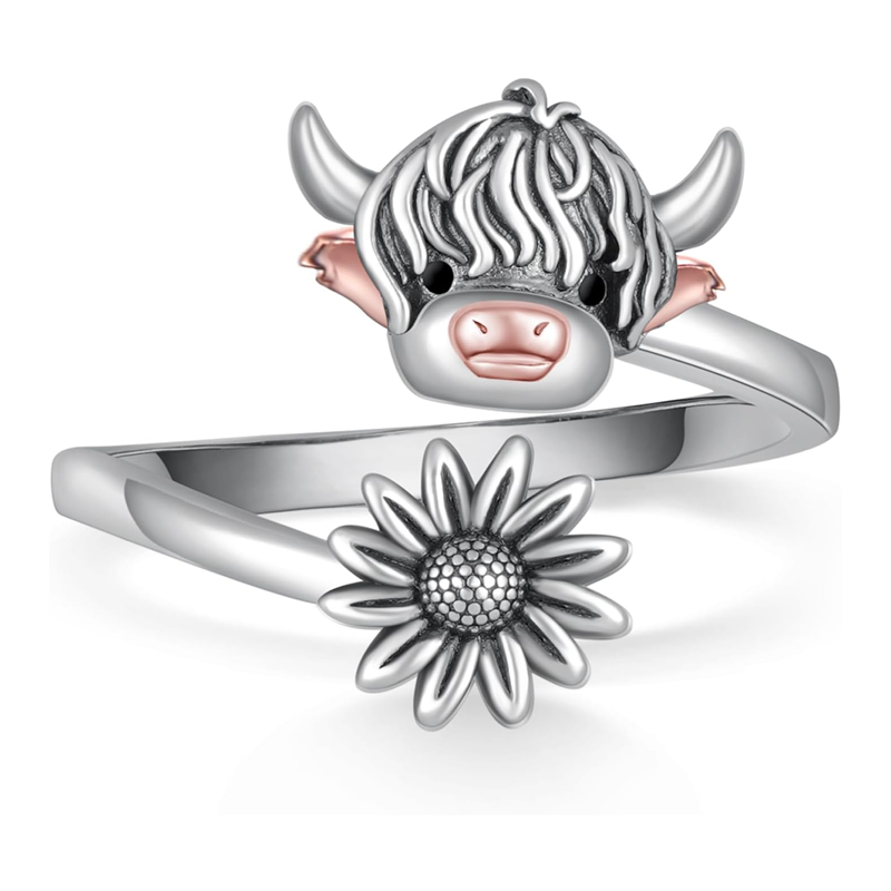 Sterling Silver Two-tone Highland Cow Open Ring-1