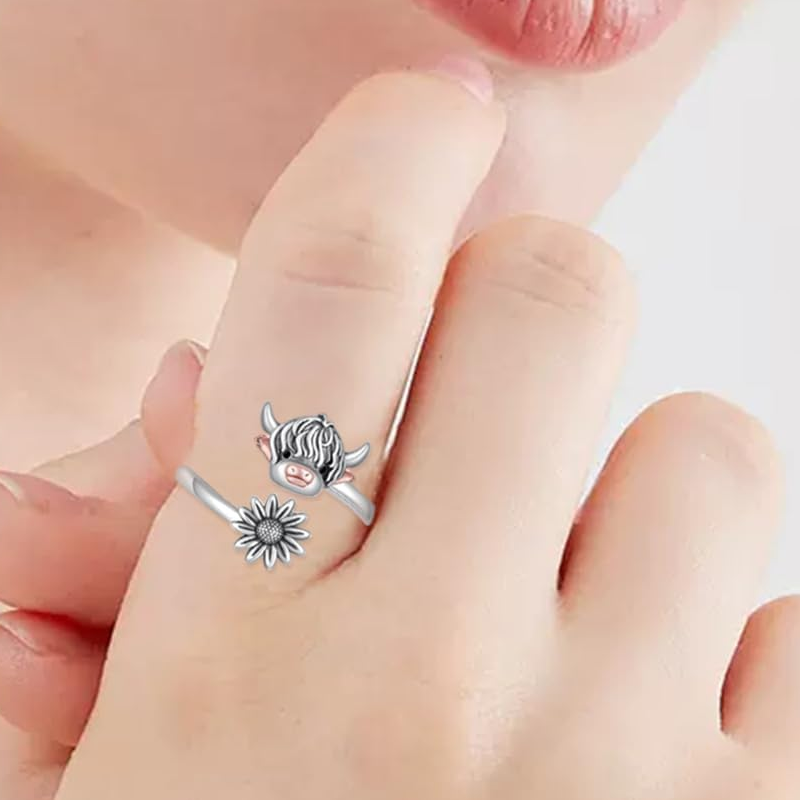 Anillo abierto de vaca de las Tierras Altas en dos tonos de plata esterlina-3