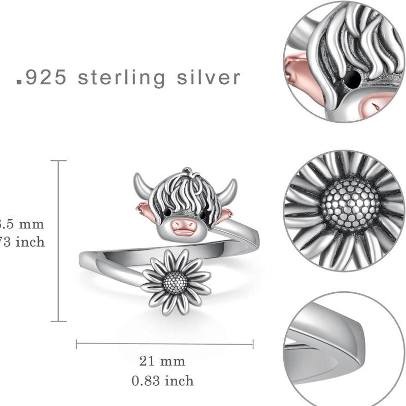 Sterling Silver Two-tone Highland Cow Open Ring-6