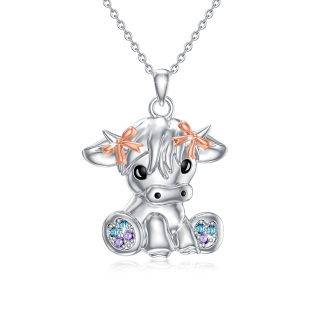 Sterling Silver Two-tone Cubic Zirconia Highland Cow Pendant Necklace-34